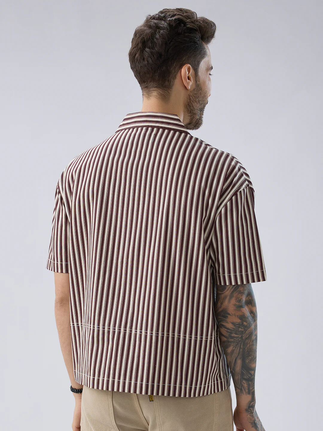 Deep Maroon & Ivory Striped Twin Pocket Oversized Crop Shirt - Image 8