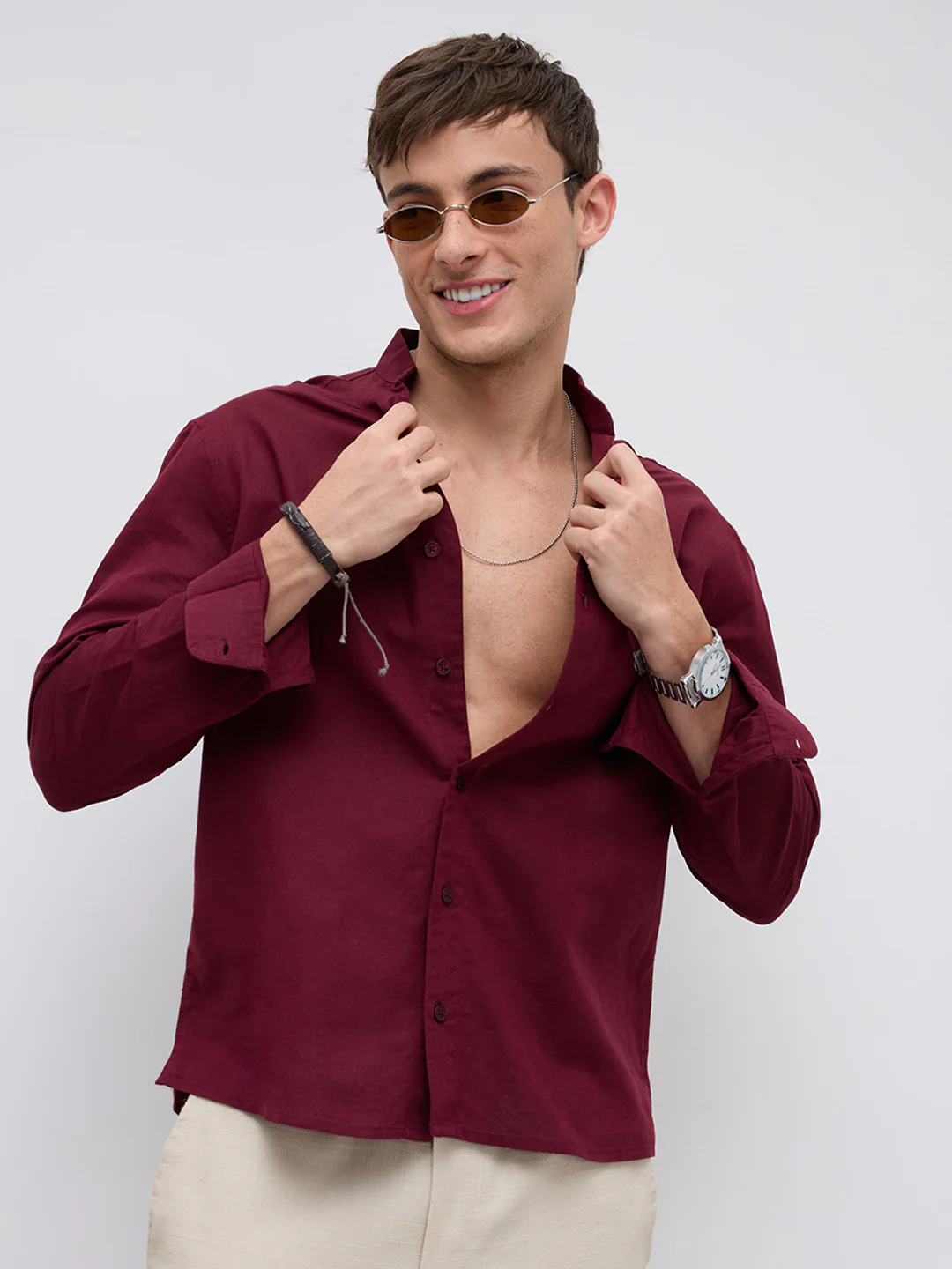 Deep Maroon Linen Blend Stand Collar Oversized Shirt - Image 2