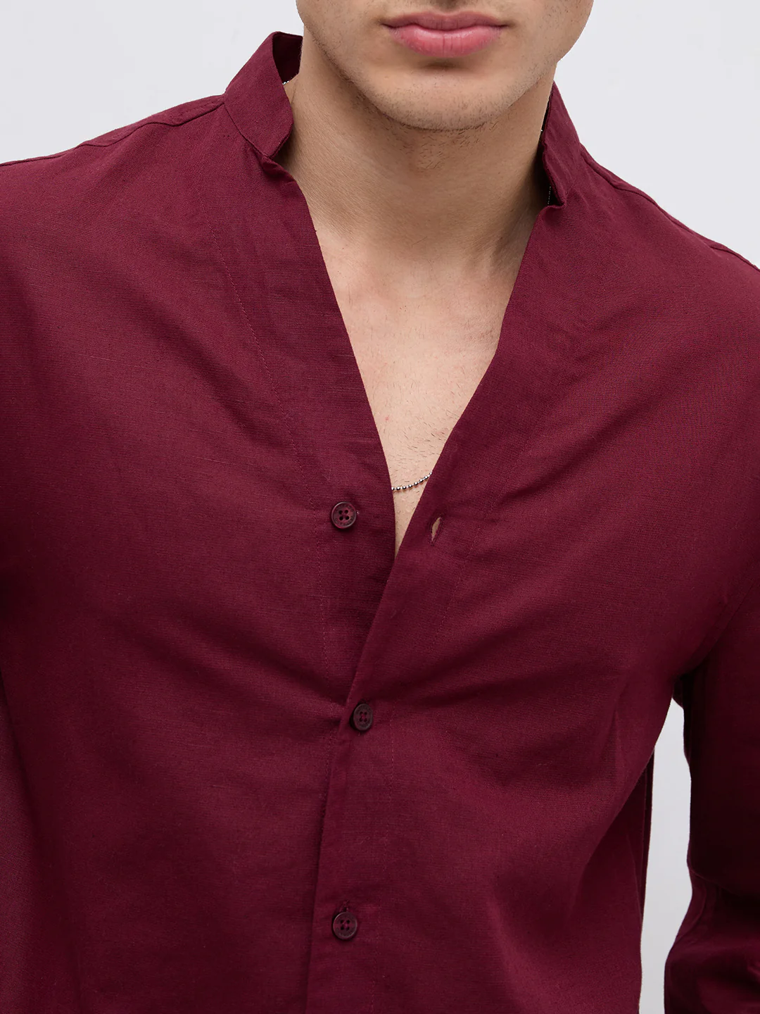 Deep Maroon Linen Blend Stand Collar Oversized Shirt - Image 3