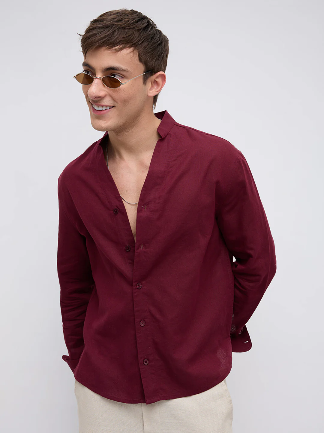 Deep Maroon Linen Blend Stand Collar Oversized Shirt - Image 4