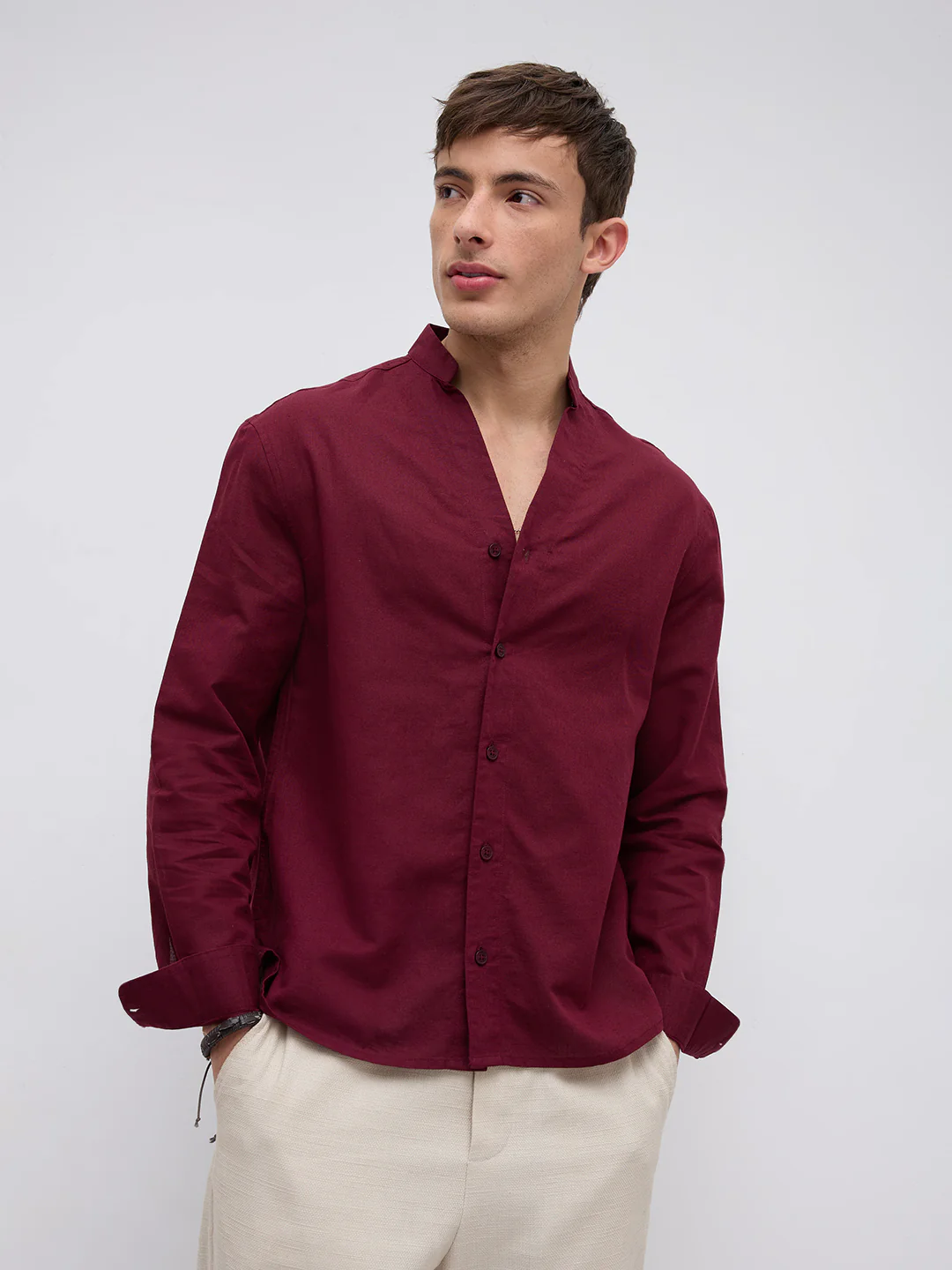 Deep Maroon Linen Blend Stand Collar Oversized Shirt - Image 5