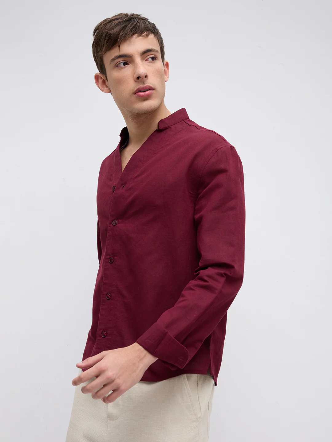 Deep Maroon Linen Blend Stand Collar Oversized Shirt - Image 6