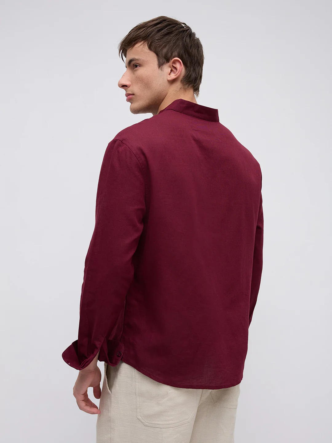 Deep Maroon Linen Blend Stand Collar Oversized Shirt - Image 7