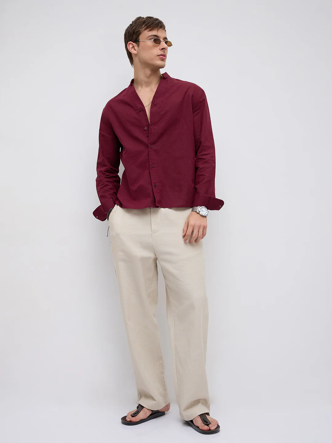Deep Maroon Linen Blend Stand Collar Oversized Shirt - Image 8