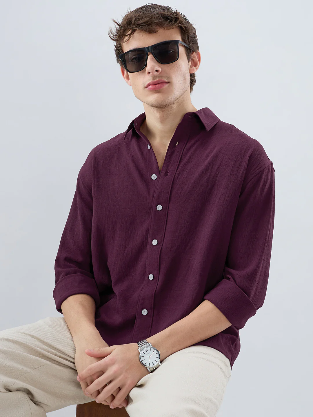 Deep Maroon Soft Crush Fine Grid Textured Boxy Fit Crop Shirt - Image 2