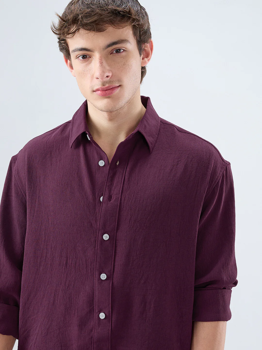 Deep Maroon Soft Crush Fine Grid Textured Boxy Fit Crop Shirt - Image 3