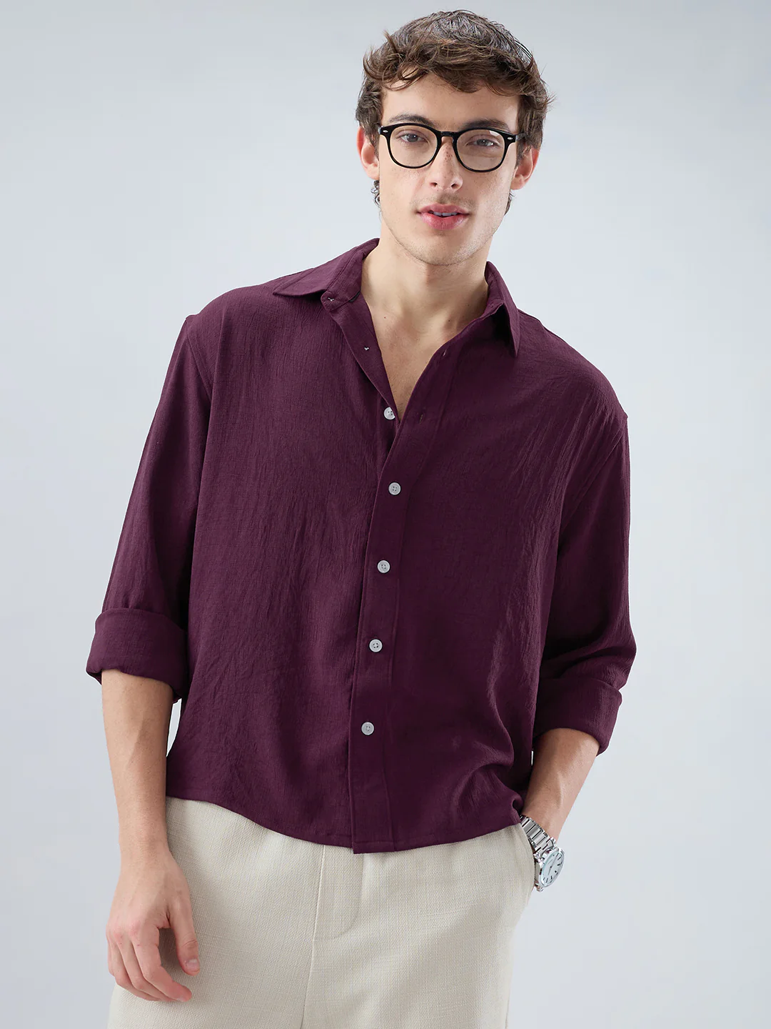 Deep Maroon Soft Crush Fine Grid Textured Boxy Fit Crop Shirt - Image 4