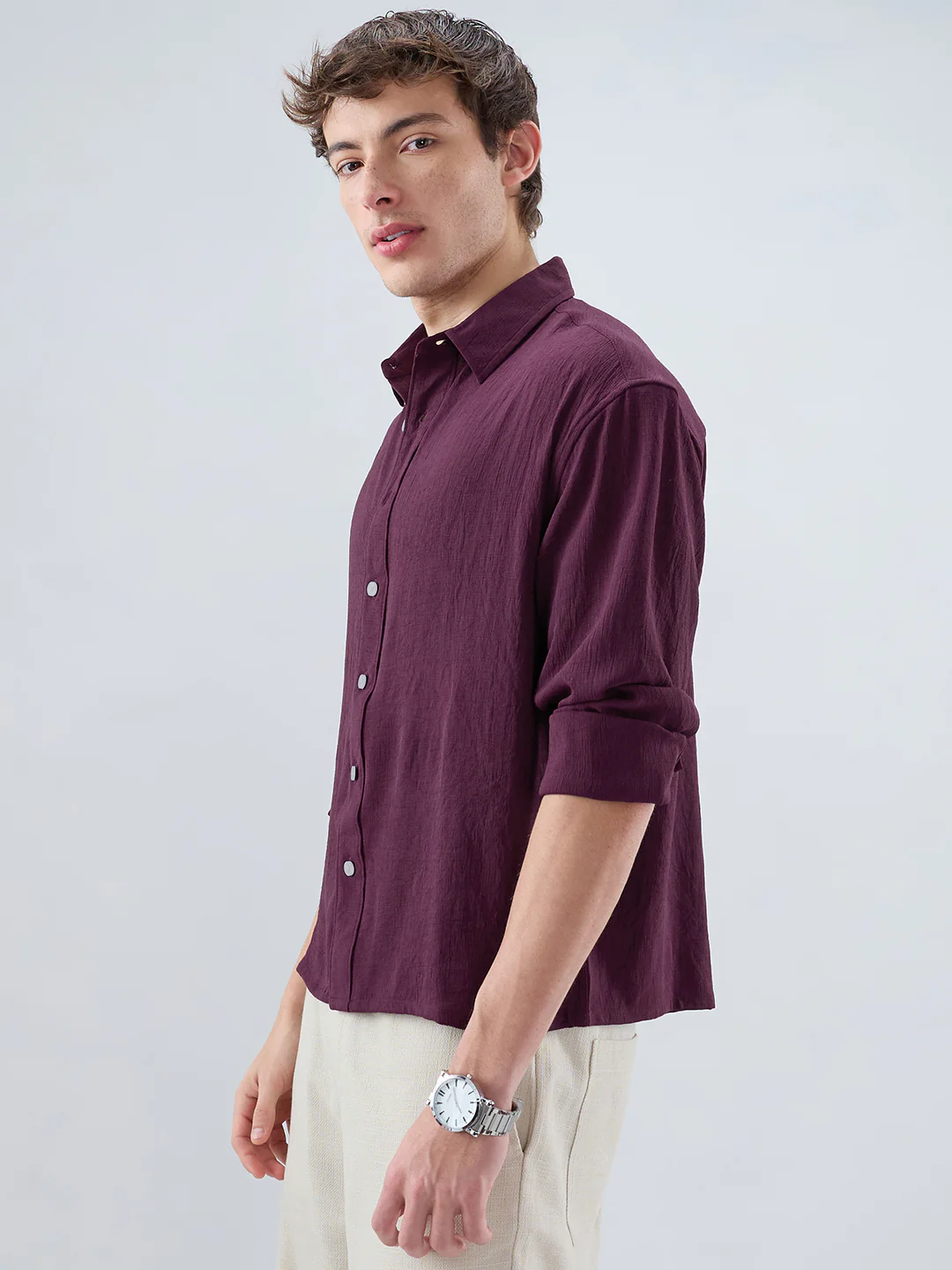 Deep Maroon Soft Crush Fine Grid Textured Boxy Fit Crop Shirt - Image 5