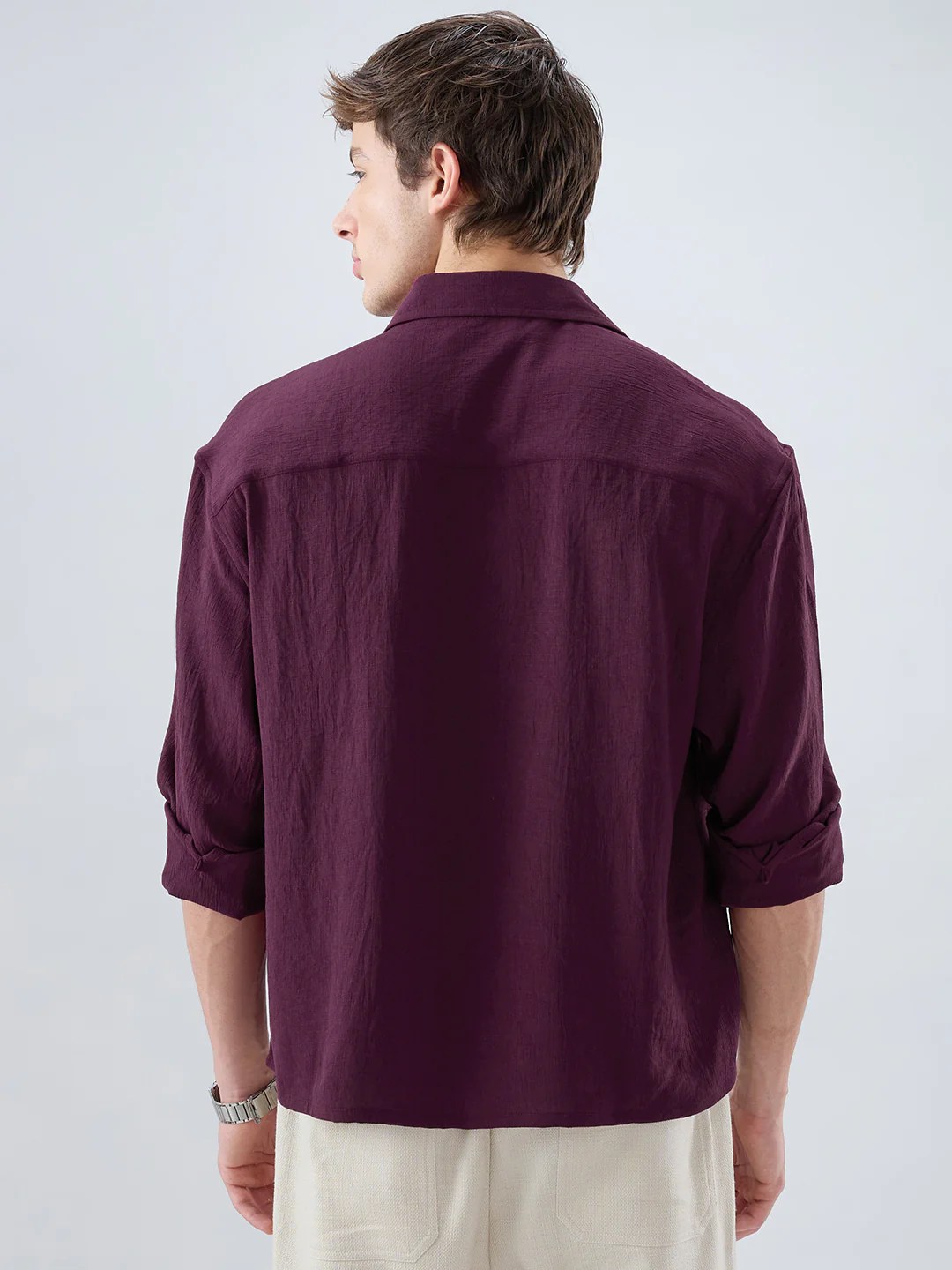Deep Maroon Soft Crush Fine Grid Textured Boxy Fit Crop Shirt - Image 6