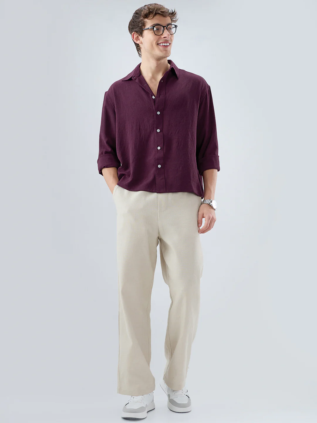 Deep Maroon Soft Crush Fine Grid Textured Boxy Fit Crop Shirt - Image 7