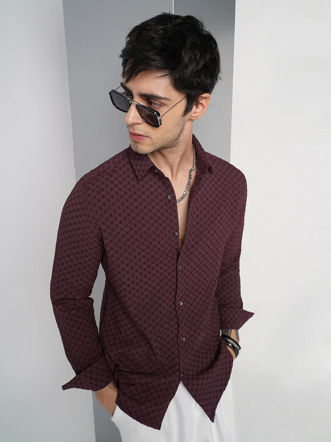 Deep Maroon Textured Shirt - Image 2