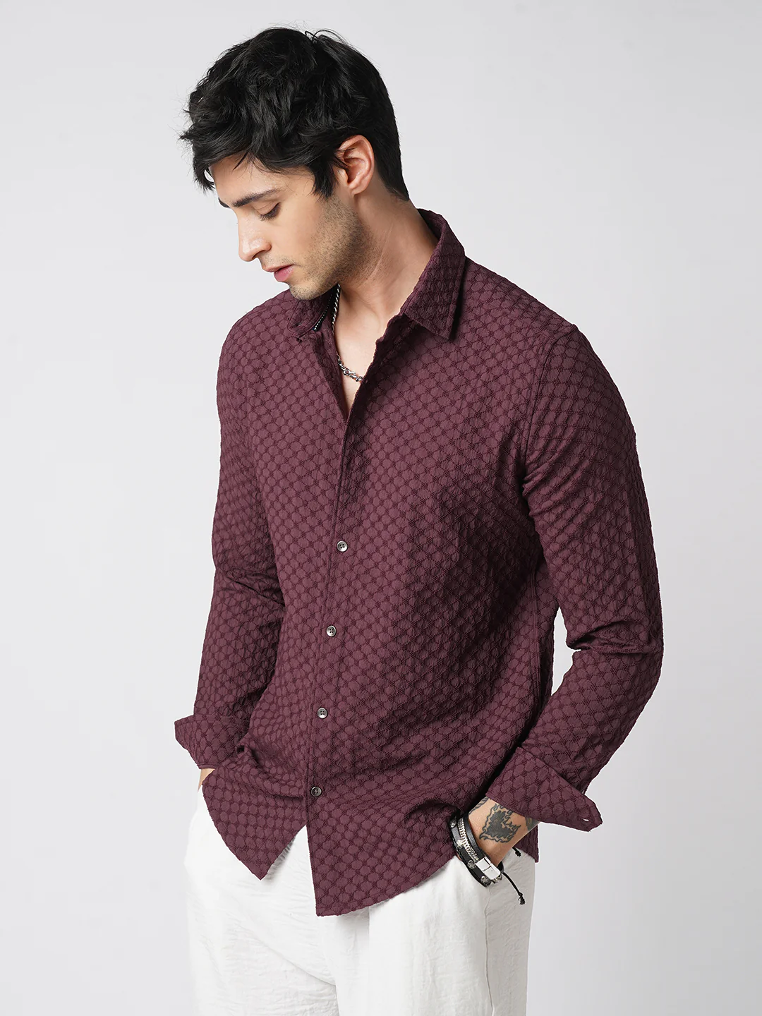 Deep Maroon Textured Shirt - Image 6