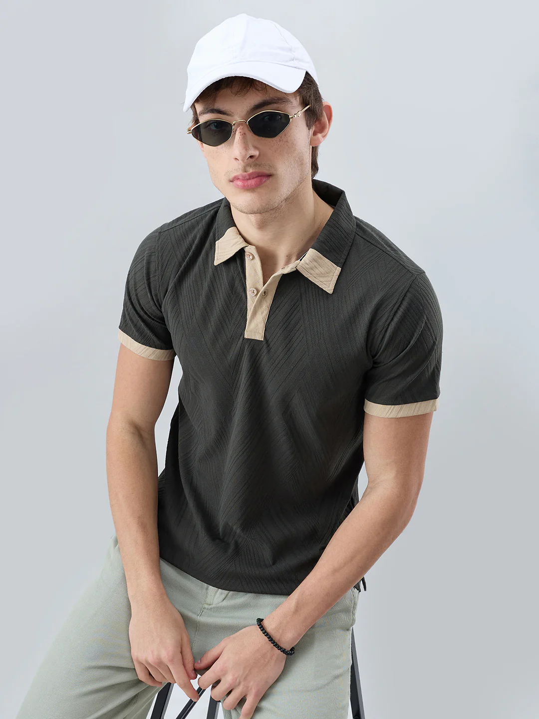 Deep Olive Contrast Polo Neck T-shirt