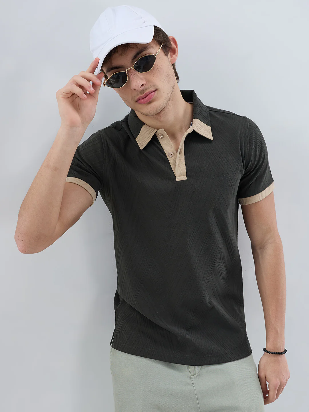 Deep Olive Contrast Polo Neck T-shirt - Image 2