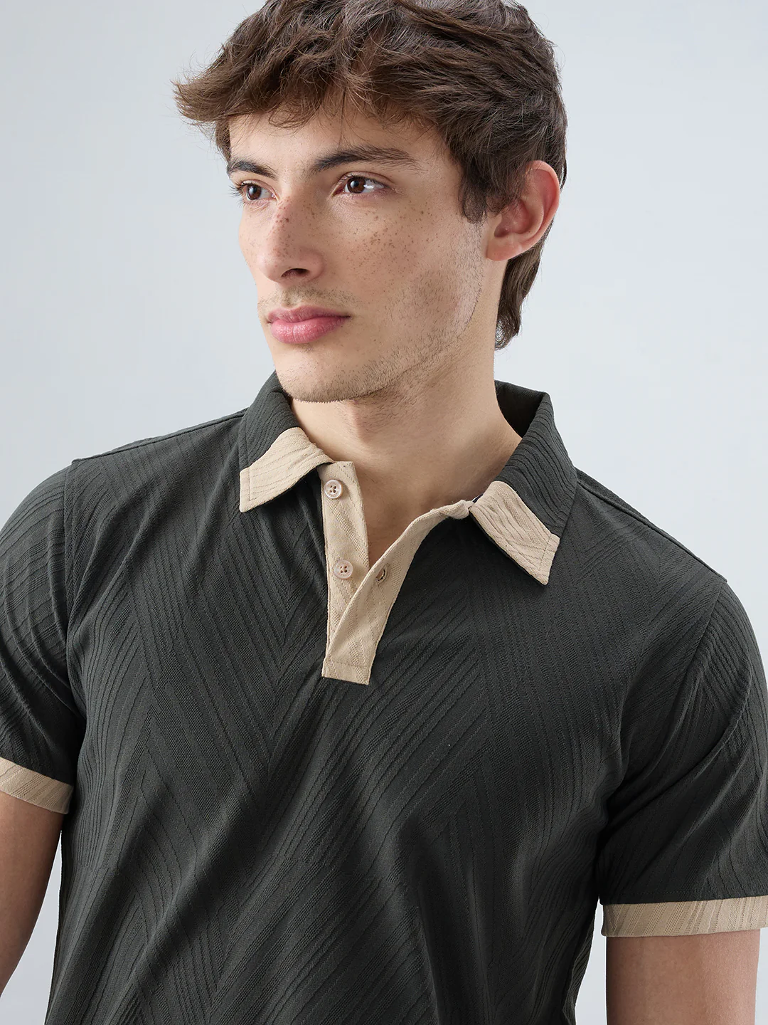 Deep Olive Contrast Polo Neck T-shirt - Image 3