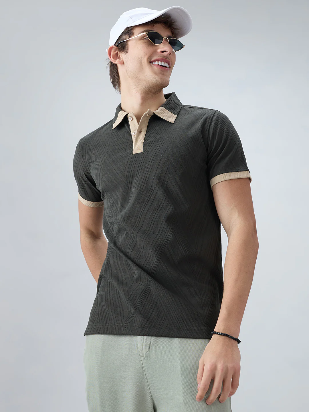 Deep Olive Contrast Polo Neck T-shirt - Image 4