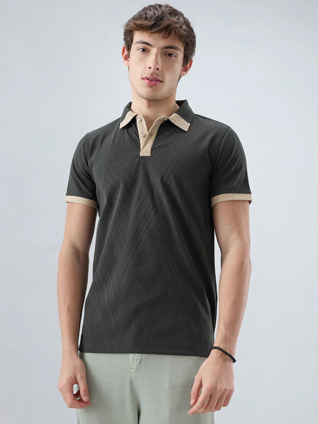 Deep Olive Contrast Polo Neck T-shirt - Image 5