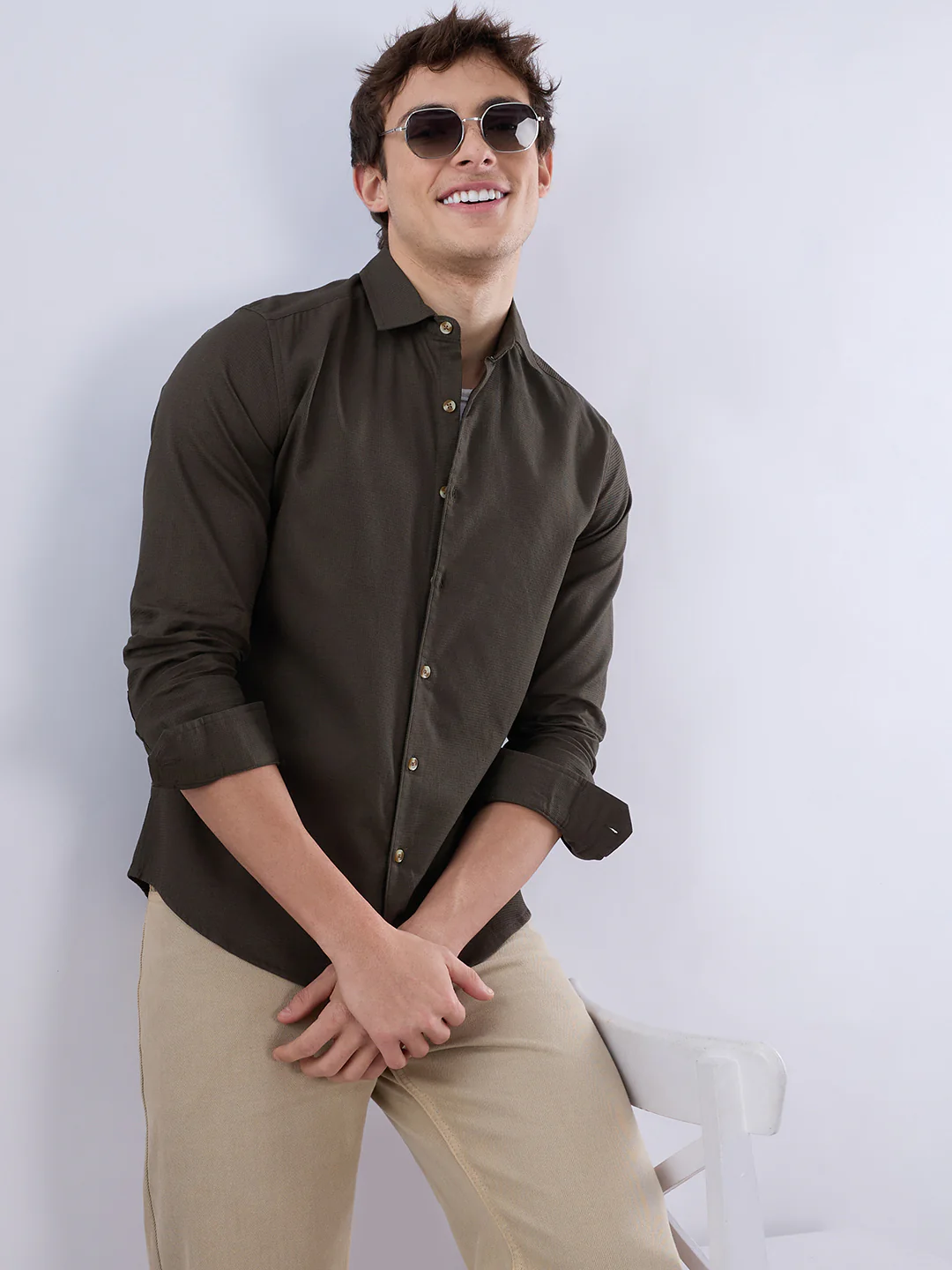 Deep Olive Refined Textured Shirt - Image 2