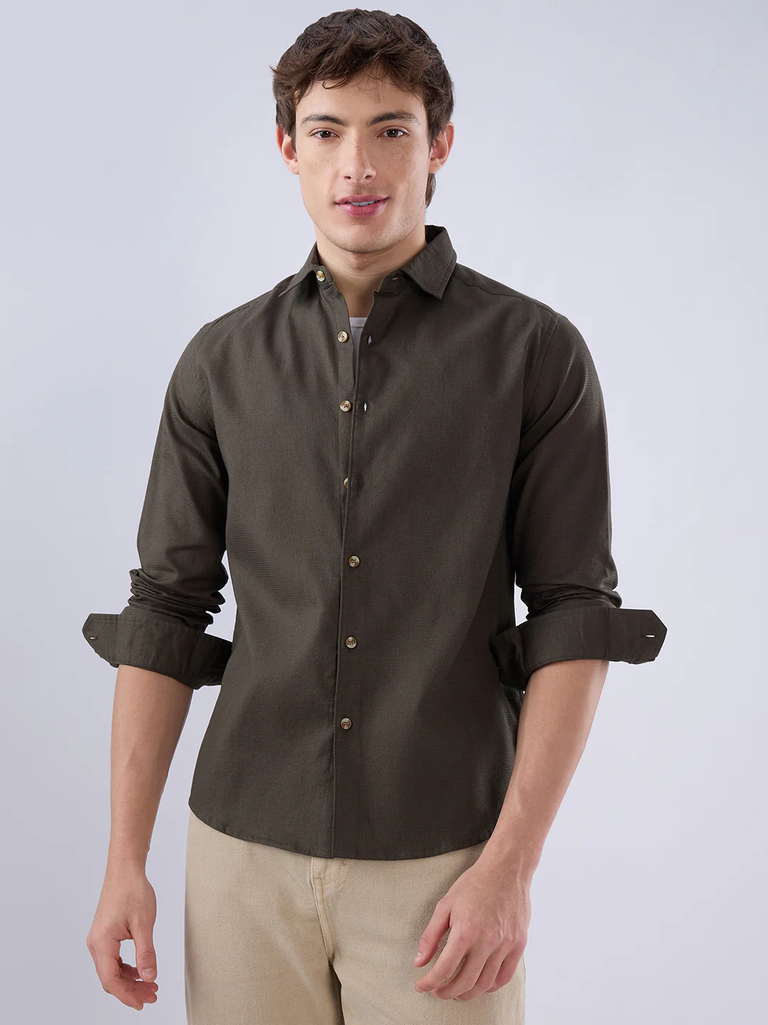Deep Olive Refined Textured Shirt - Image 5