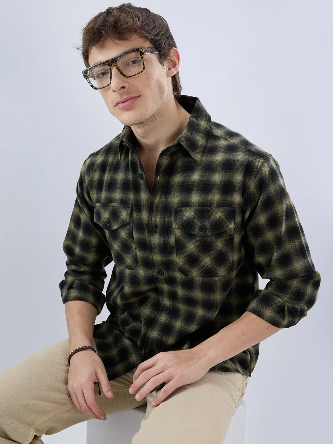 Deep Olive Soft Rustic Checks Double Pocket Shirt - Image 2