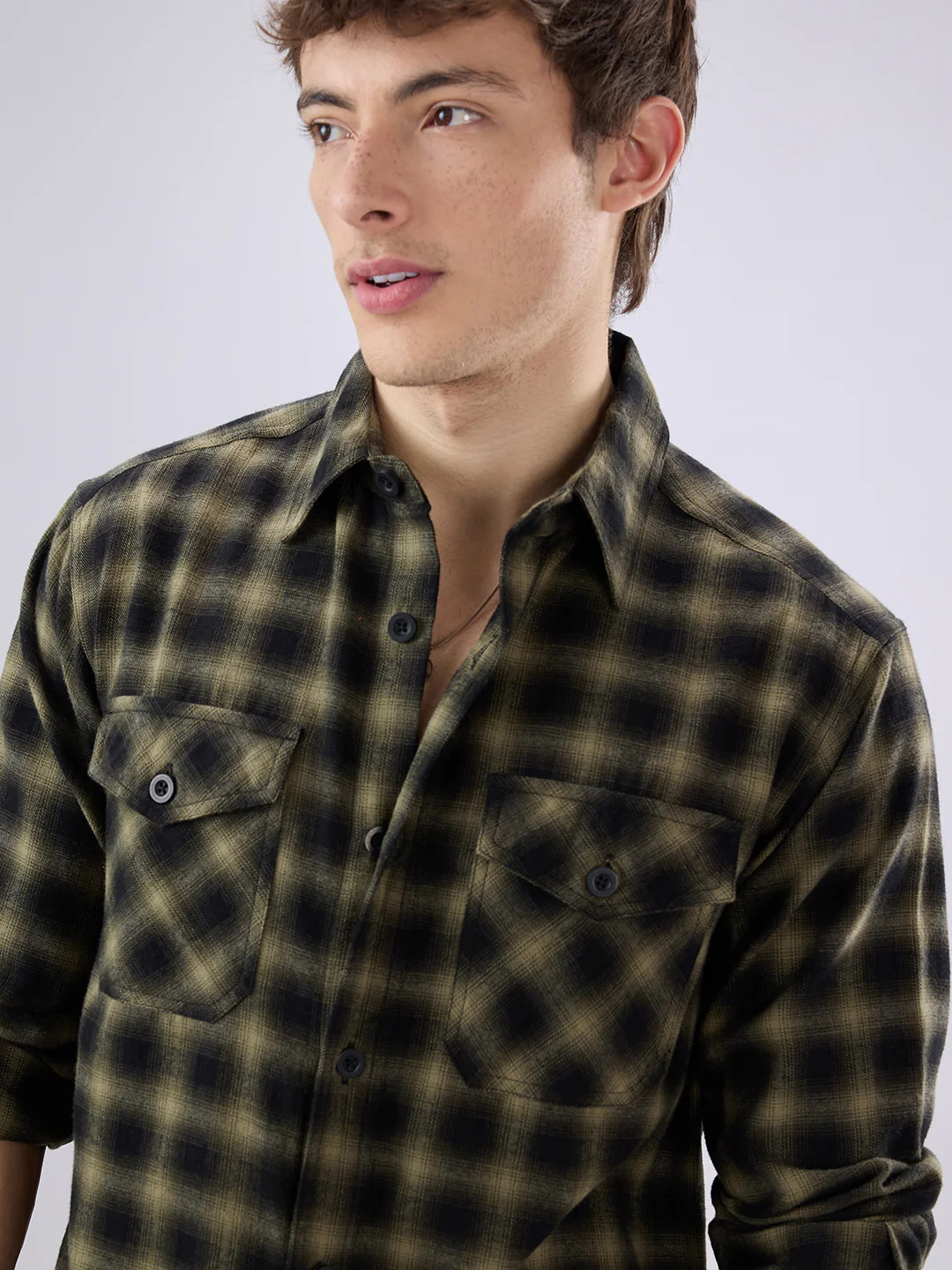 Deep Olive Soft Rustic Checks Double Pocket Shirt - Image 3