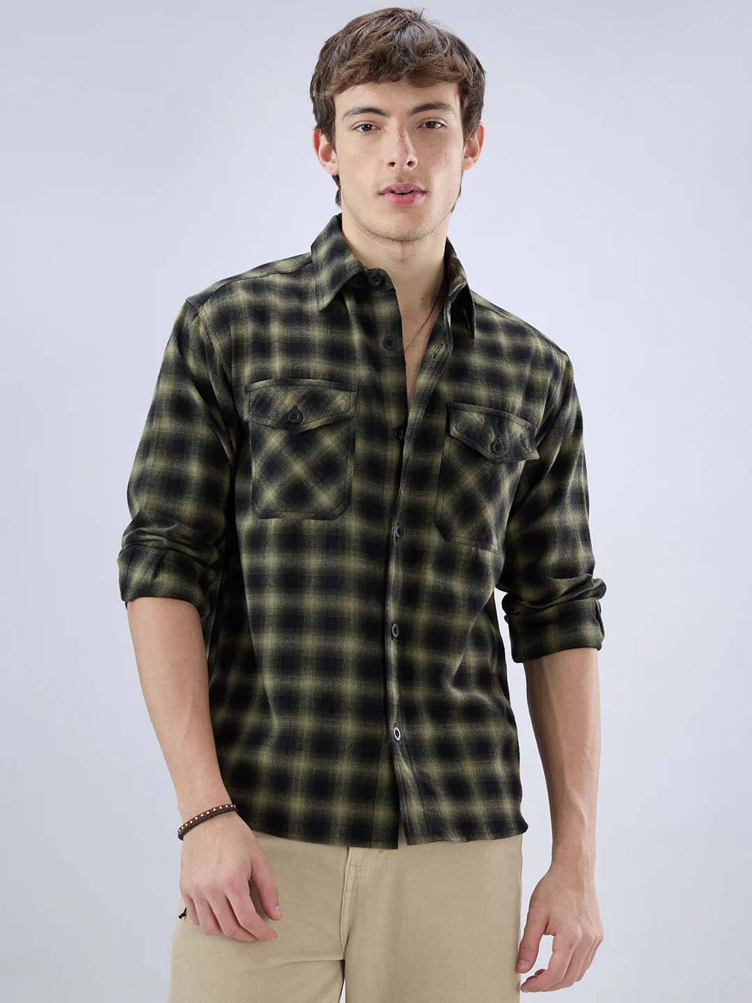 Deep Olive Soft Rustic Checks Double Pocket Shirt - Image 4