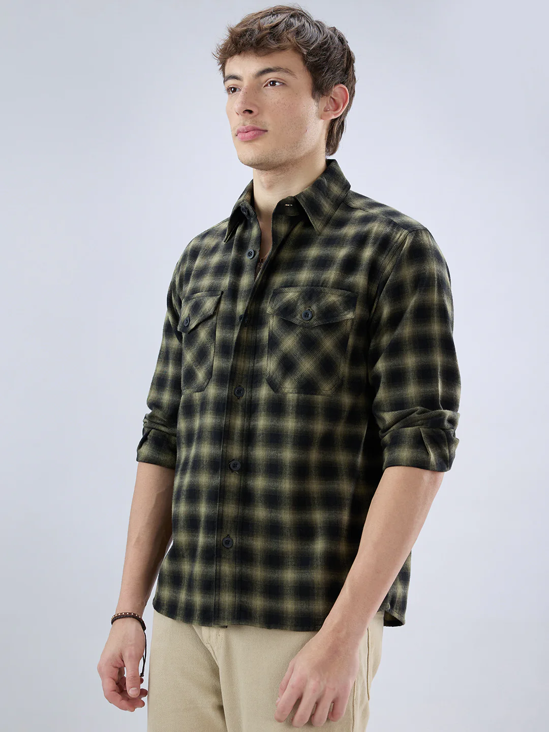 Deep Olive Soft Rustic Checks Double Pocket Shirt - Image 5