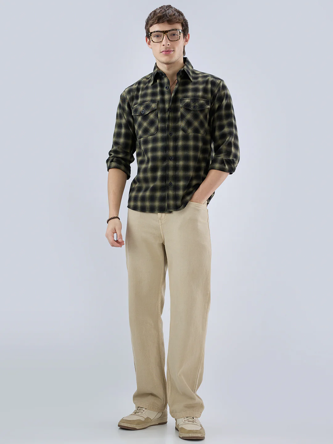 Deep Olive Soft Rustic Checks Double Pocket Shirt - Image 7