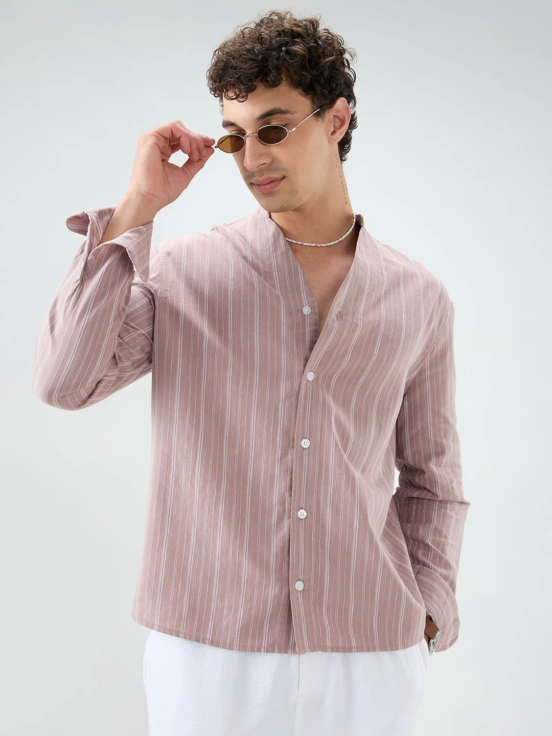 Deep Pastel Peach Striped Linen Blend Stand Collar Oversized Shirt - Image 2