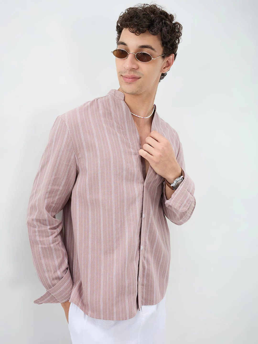 Deep Pastel Peach Striped Linen Blend Stand Collar Oversized Shirt - Image 4