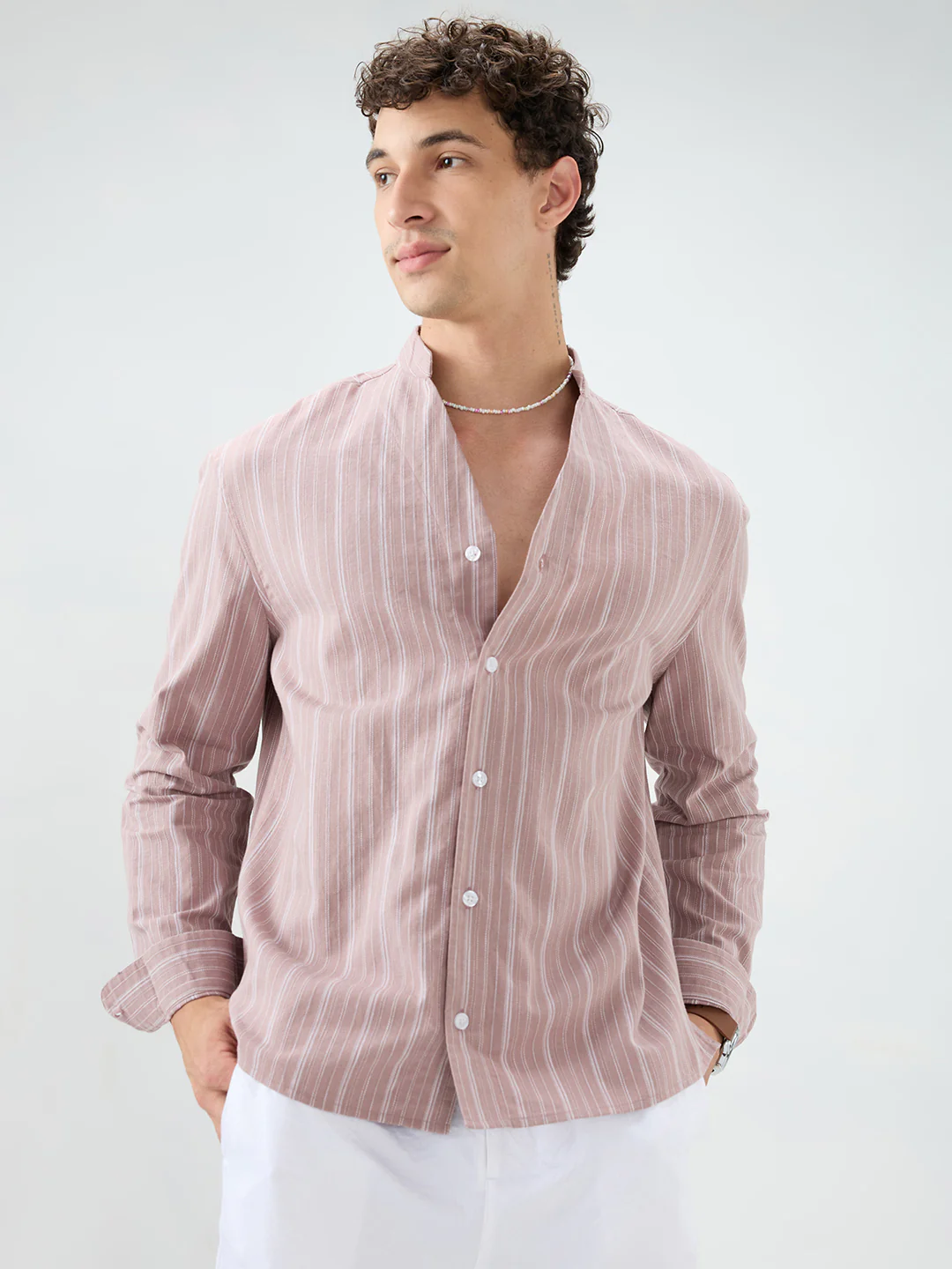 Deep Pastel Peach Striped Linen Blend Stand Collar Oversized Shirt - Image 5