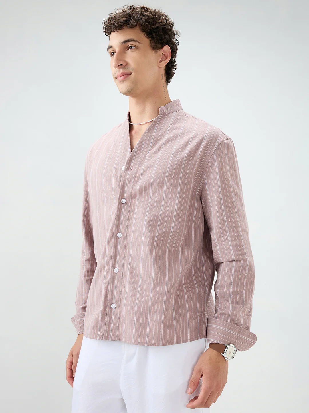Deep Pastel Peach Striped Linen Blend Stand Collar Oversized Shirt - Image 6