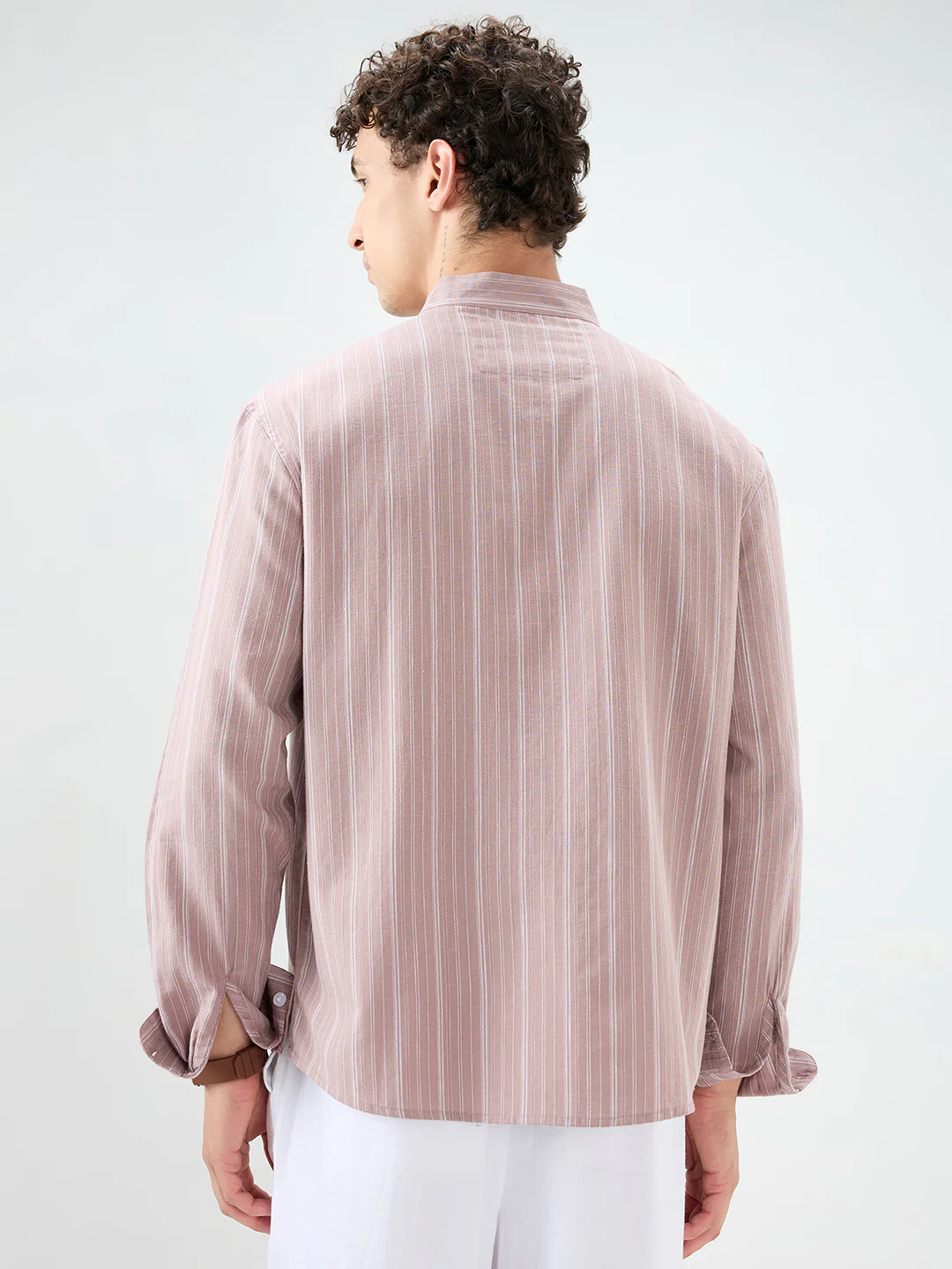 Deep Pastel Peach Striped Linen Blend Stand Collar Oversized Shirt - Image 7
