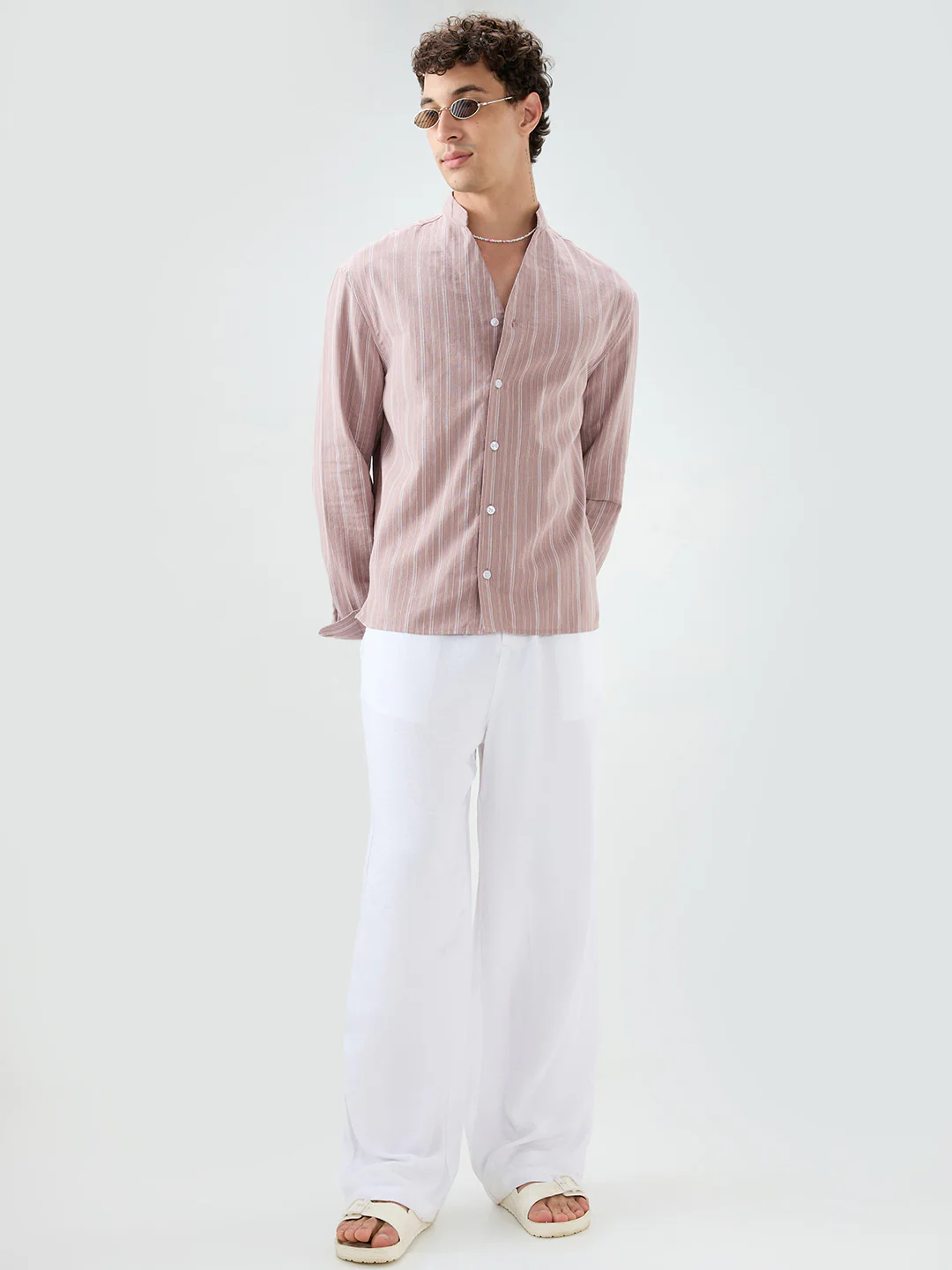 Deep Pastel Peach Striped Linen Blend Stand Collar Oversized Shirt - Image 8