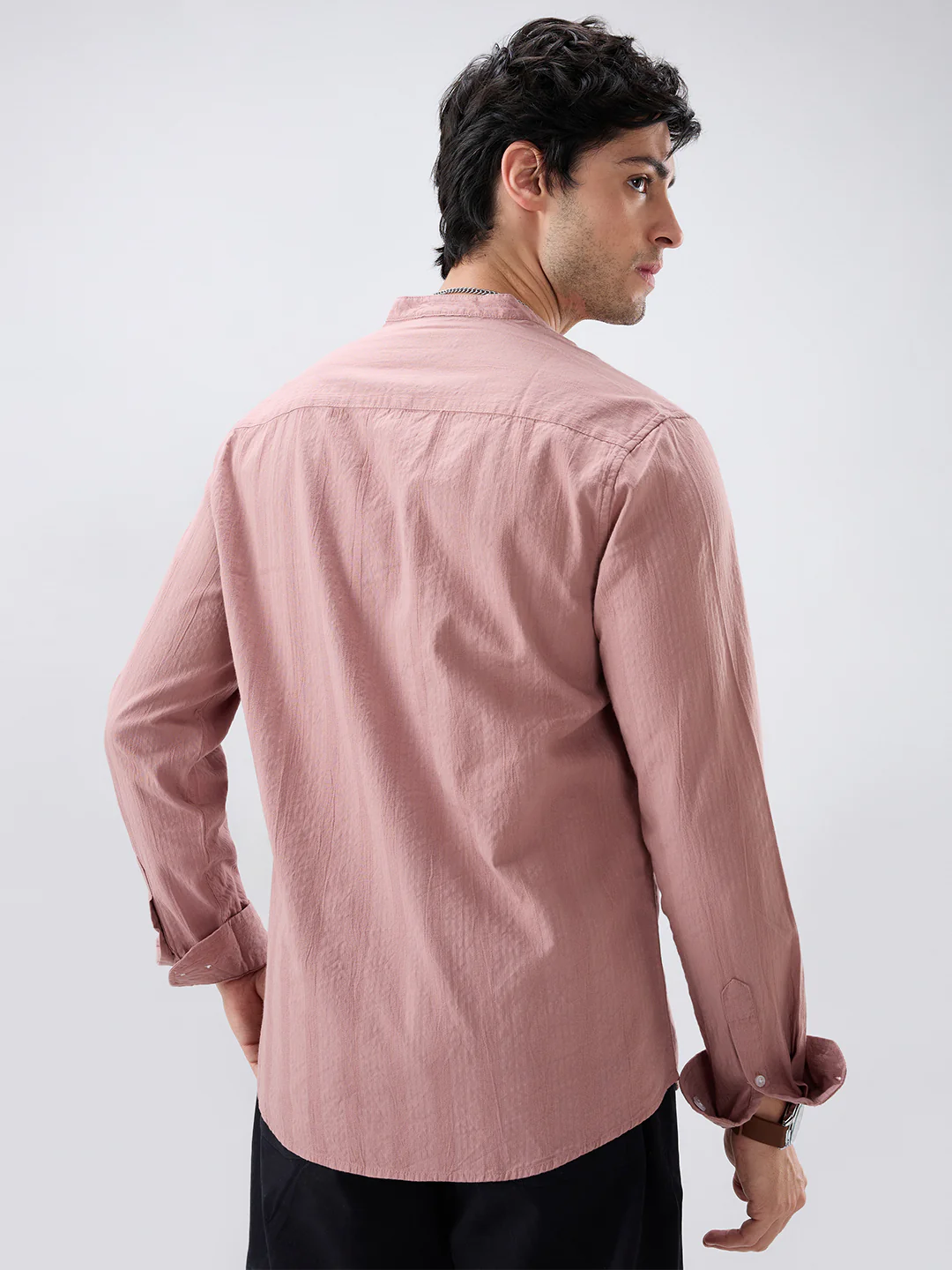 Deep Peach Seersucker Striped Mandarin Shirt - Image 6