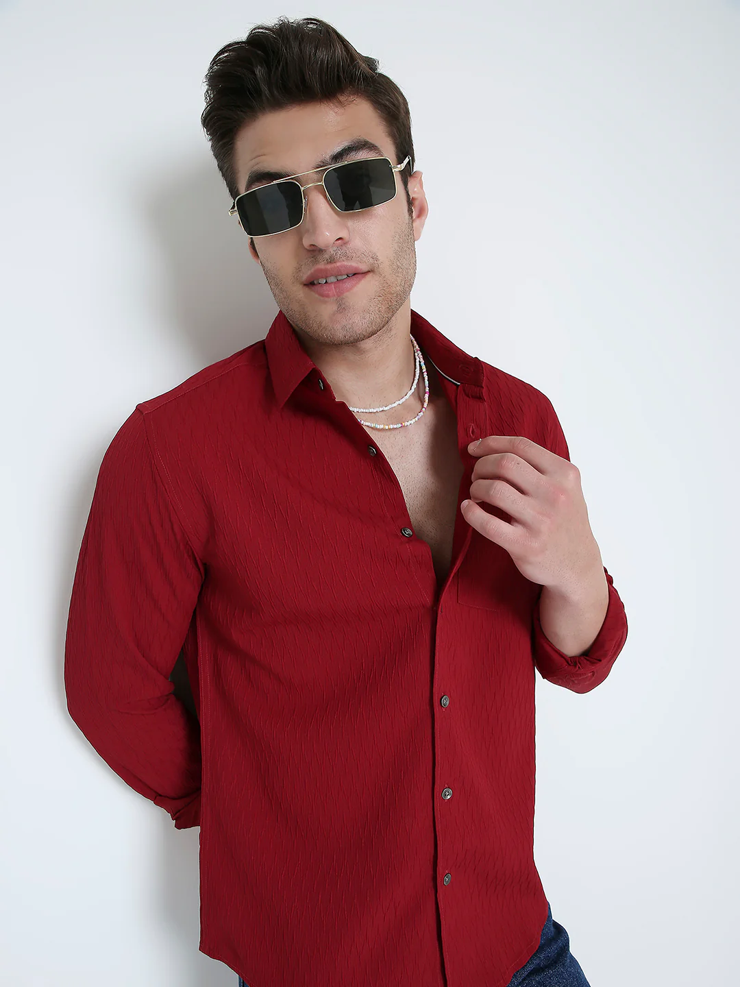 Deep Ruby Red Textured Shirt - Image 2