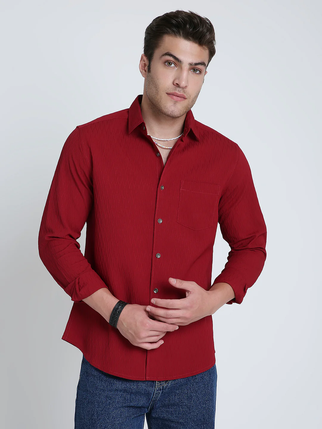Deep Ruby Red Textured Shirt - Image 4