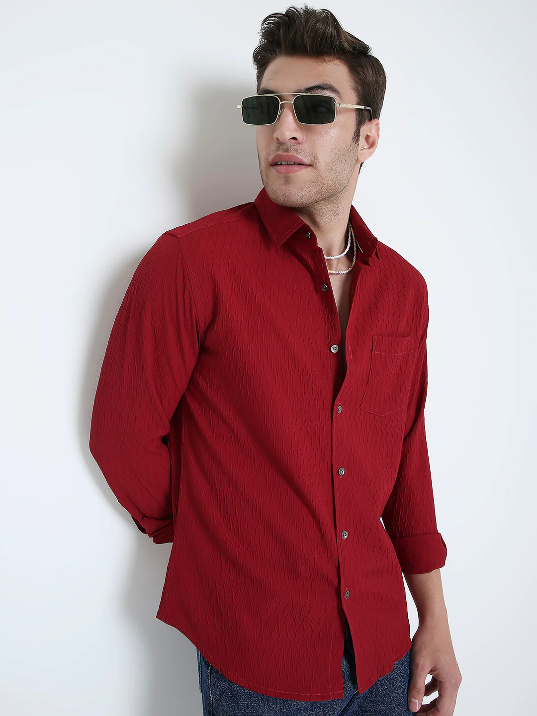 Deep Ruby Red Textured Shirt - Image 5