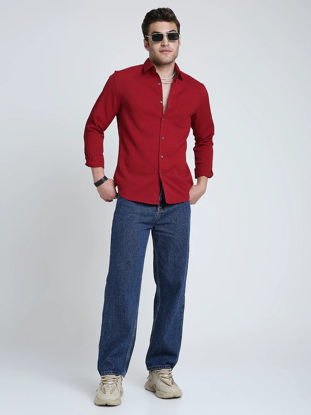 Deep Ruby Red Textured Shirt - Image 8