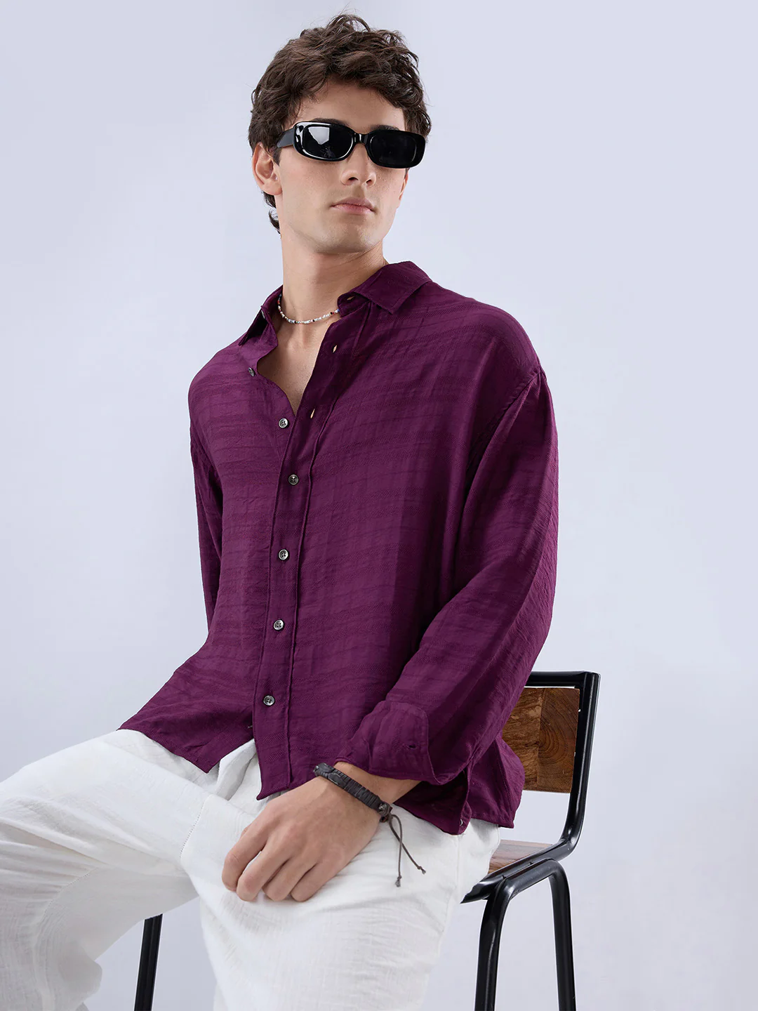 Deep Wine Horizontal Textured Boxy Fit Crop Shirt
