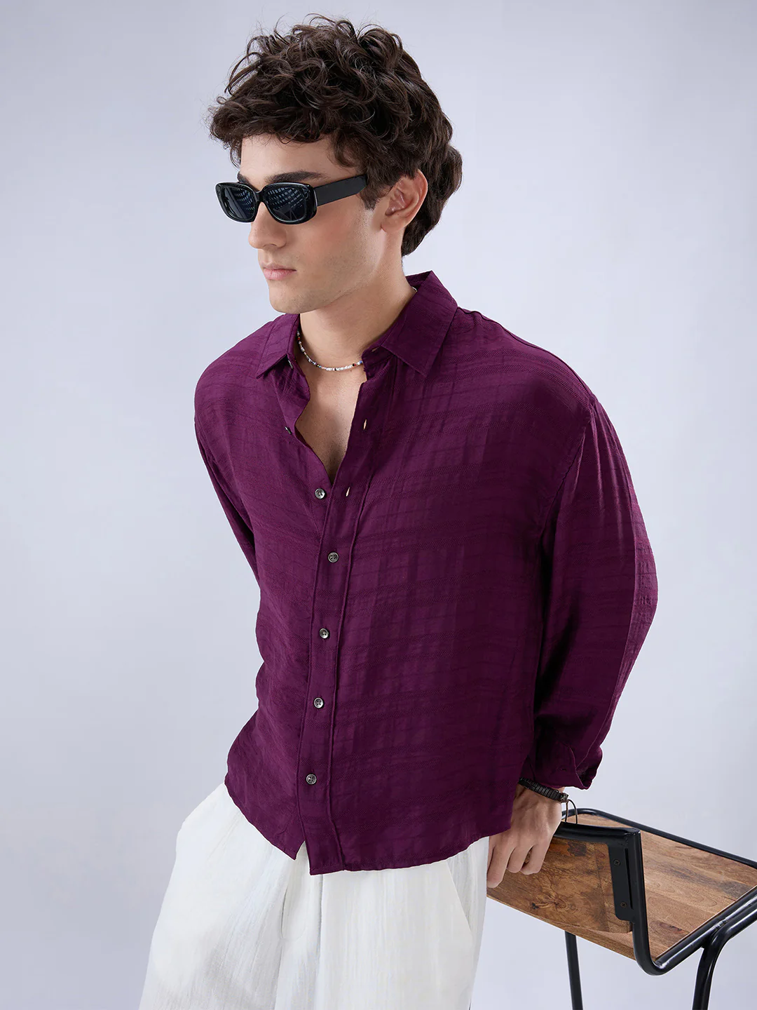 Deep Wine Horizontal Textured Boxy Fit Crop Shirt - Image 2