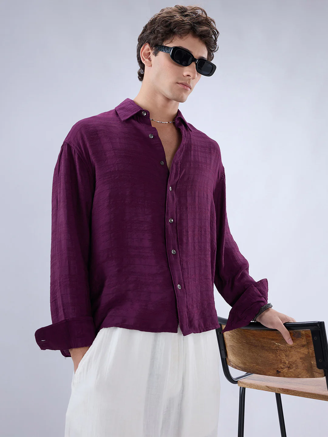Deep Wine Horizontal Textured Boxy Fit Crop Shirt - Image 4