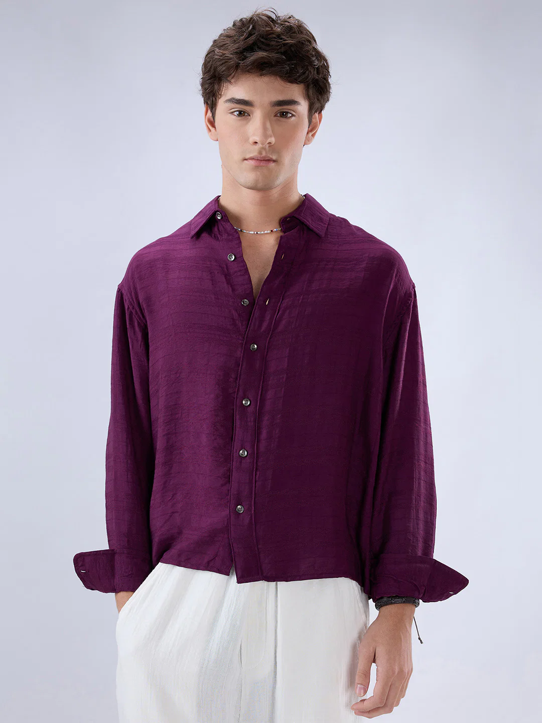 Deep Wine Horizontal Textured Boxy Fit Crop Shirt - Image 5