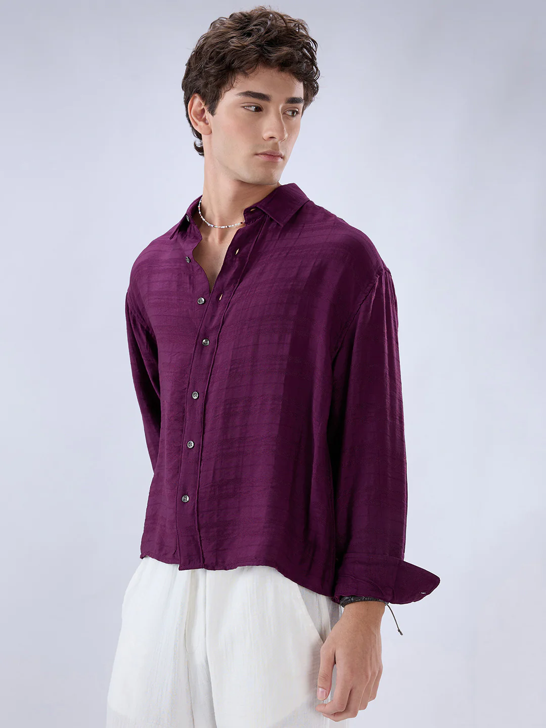 Deep Wine Horizontal Textured Boxy Fit Crop Shirt - Image 6