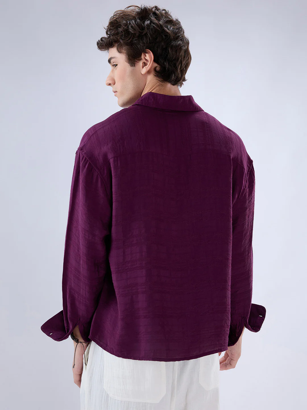 Deep Wine Horizontal Textured Boxy Fit Crop Shirt - Image 7