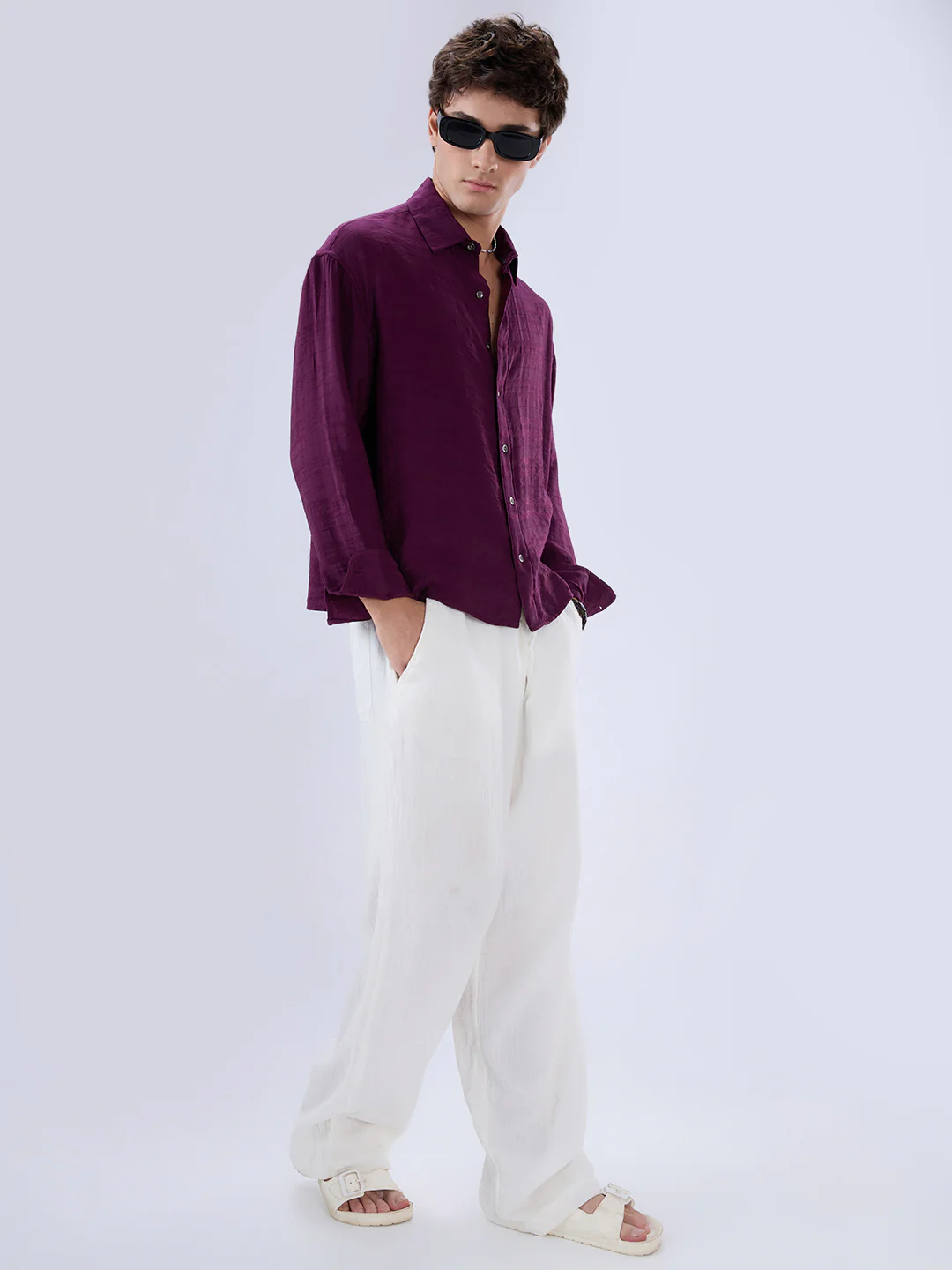 Deep Wine Horizontal Textured Boxy Fit Crop Shirt - Image 8