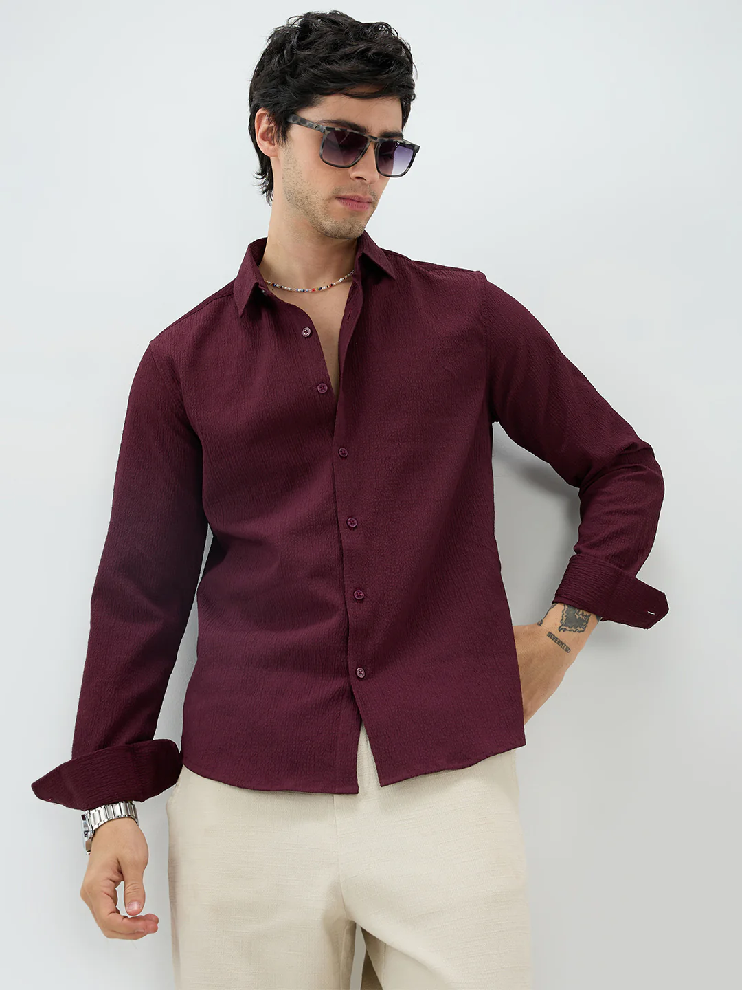 Deep Wine Minimal Weave Crinkled Shirt - Image 2