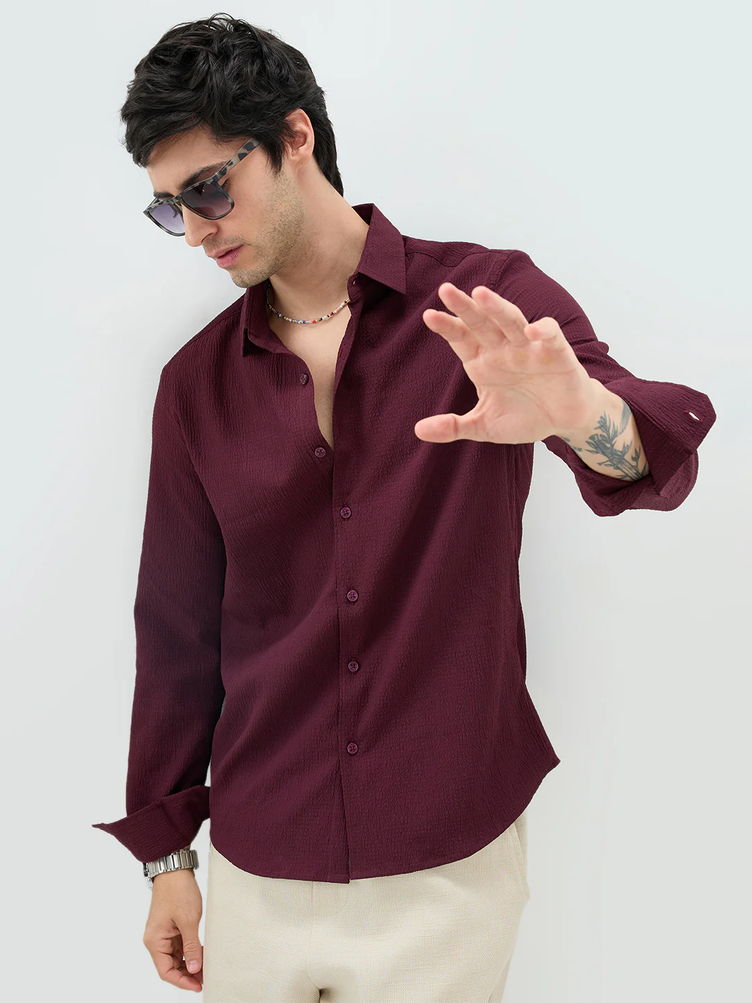 Deep Wine Minimal Weave Crinkled Shirt - Image 4