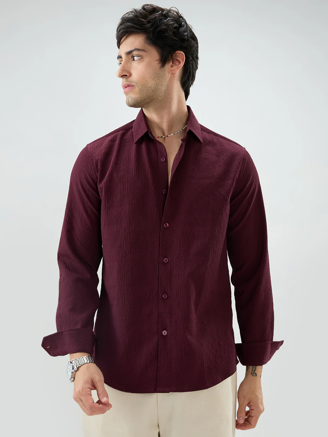 Deep Wine Minimal Weave Crinkled Shirt - Image 5