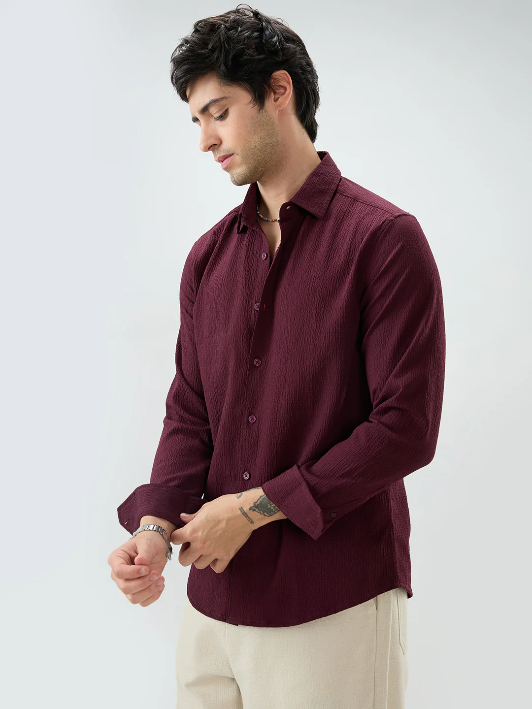 Deep Wine Minimal Weave Crinkled Shirt - Image 6